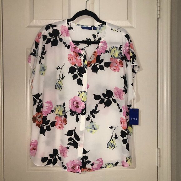 Apt. 9 BNWT black pink white cap sleeve v-neck blouse size XXL - Picture 1 of 4
